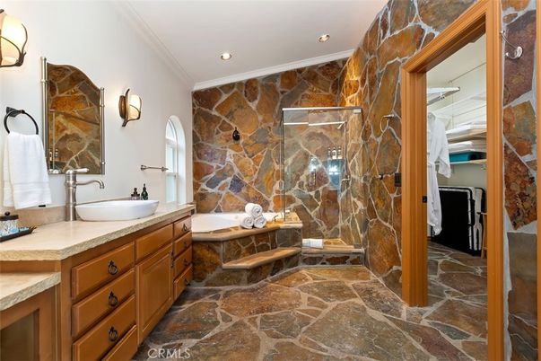 Bathroom, Dual Sink Vanities, Interior, Recessed Lighting, Stone Walls