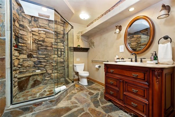 Bathroom, Glass Shower, Interior, Recessed Lighting, Stone Walls