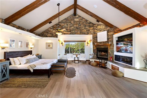 Bedroom, Fireplace, Interior, Stone Walls, Wooden Beams, Wood Texture Flooring