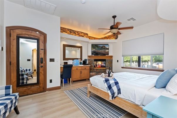 Bedroom, Fireplace, Home Office, Interior, Wood Texture Flooring