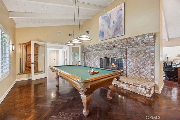 Billiard Table, Fireplace, Game Room, Interior, Pendant Lights, Wood Texture Flooring