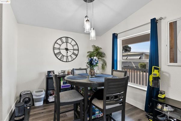 Dining room, Interior, Pendant Lights, Wood Texture Flooring