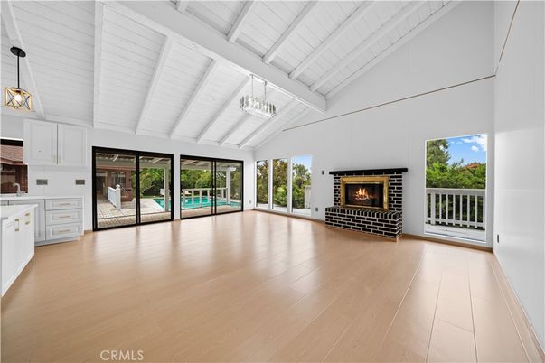 Chandelier, Empty room, Fireplace, Interior, Pendant Lights, Wood Texture Flooring