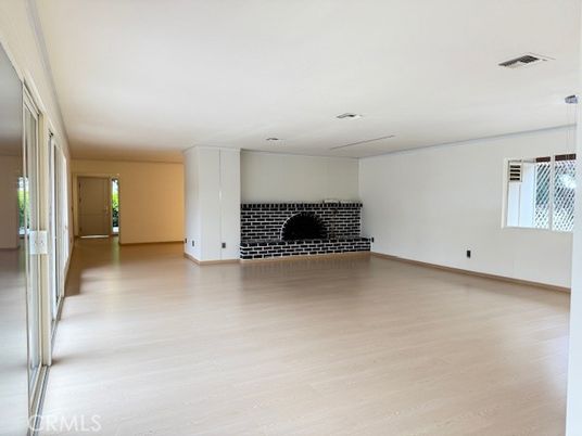 Empty room, Fireplace, Interior, Pendant Lights, Recessed Lighting, Wood Texture Flooring