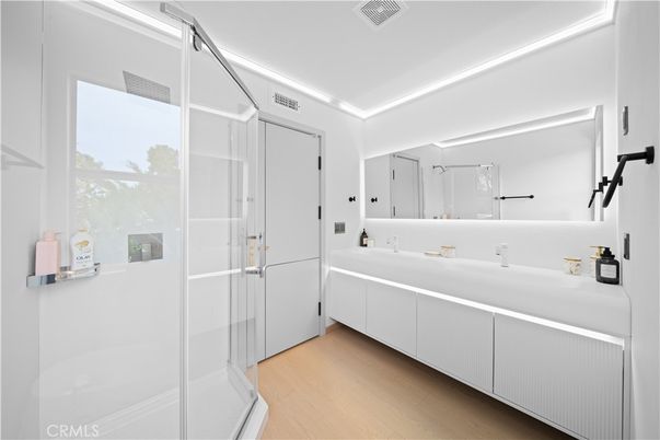 Bathroom, Glass Shower, Interior, Wood Texture Flooring
