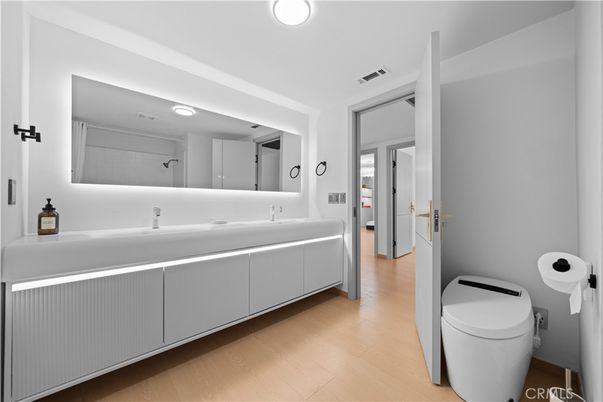 Bathroom, Interior, Recessed Lighting, Wood Texture Flooring