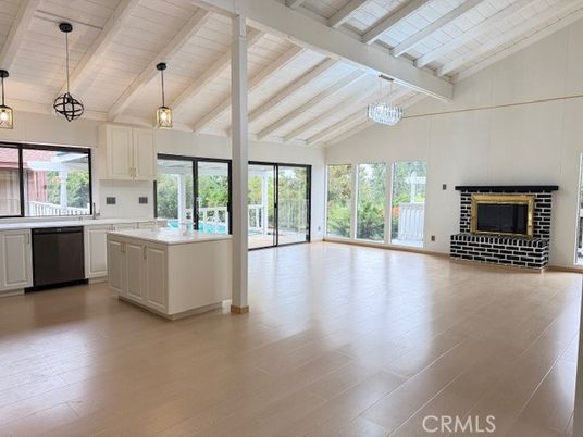 Chandelier, Fireplace, Interior, Kitchen, Pendant Lights, Wooden Ceilings, Wood Texture Flooring