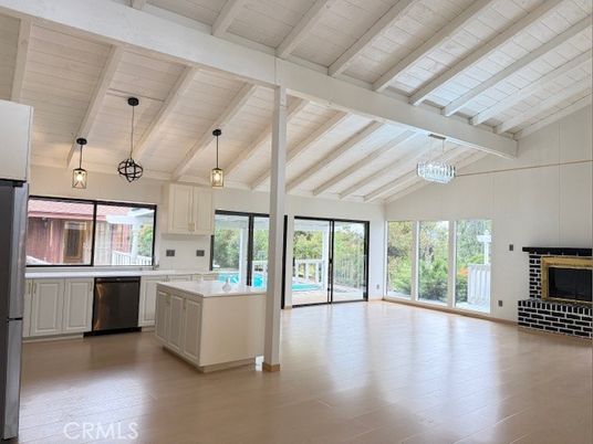 Chandelier, Interior, Kitchen, Pendant Lights, Stainless Steel Appliances, Wooden Ceilings, Wood Texture Flooring