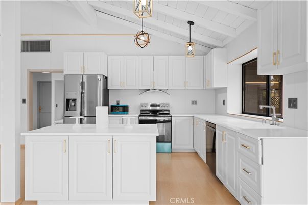 Interior, Kitchen, Pendant Lights, Stainless Steel Appliances, Wood Texture Flooring