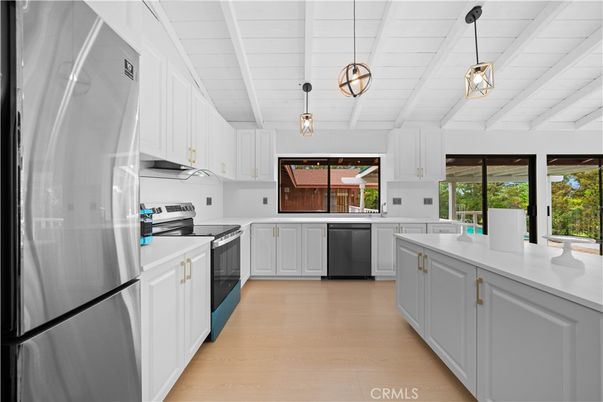Interior, Kitchen, Pendant Lights, Stainless Steel Appliances, Wood Texture Flooring