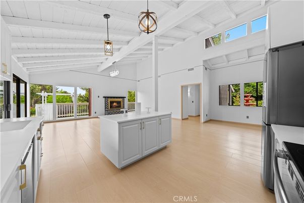 Interior, Kitchen, Pendant Lights, Stainless Steel Appliances, Wooden Ceilings, Wood Texture Flooring