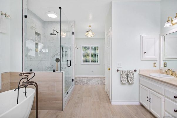 Bathroom, Glass Shower, Interior, Marble Walls, Wood Texture Flooring