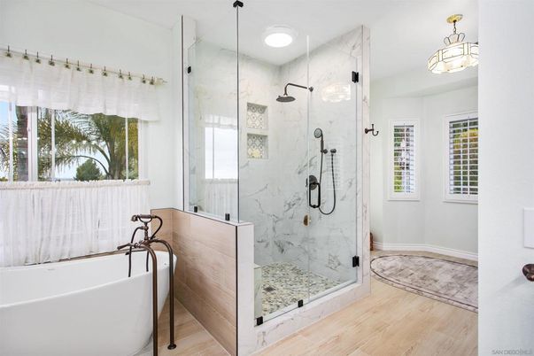 Bathroom, Free Standing Baths, Glass Shower, Interior, Marble Walls, Wood Texture Flooring