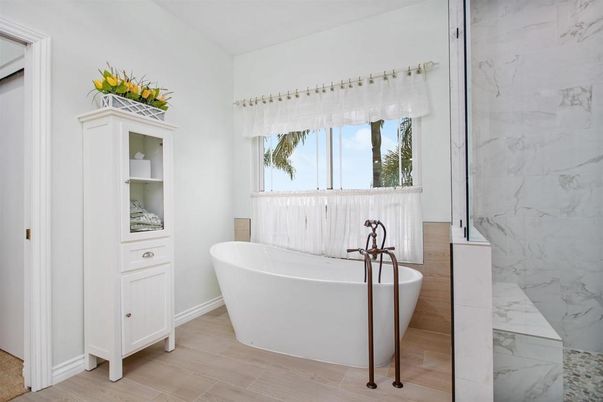 Bathroom, Free Standing Baths, Interior, Marble, Marble Walls, Wood Texture Flooring