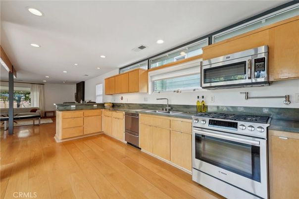 Interior, Kitchen, Recessed Lighting, Stainless Steel Appliances, Wood Texture Flooring
