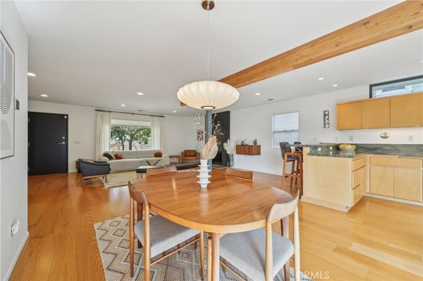 Dining room, Interior, Kitchen, Living room, Pendant Lights, Recessed Lighting, Wooden Beams, Wood Texture Flooring