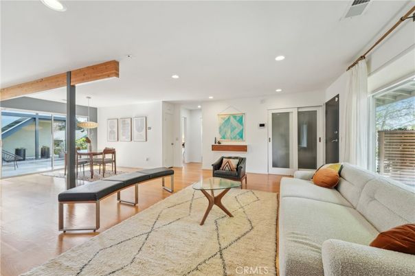 Dining room, Interior, Living room, Pendant Lights, Recessed Lighting, Wooden Beams, Wood Texture Flooring