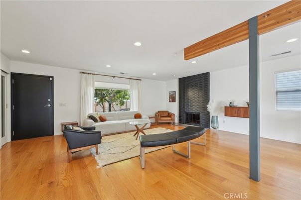 Fireplace, Interior, Living room, Recessed Lighting, Wooden Beams, Wood Texture Flooring