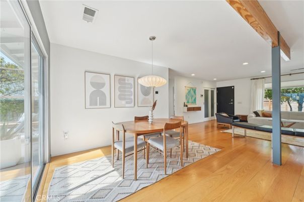 Dining room, Interior, Living room, Pendant Lights, Recessed Lighting, Wood Texture Flooring