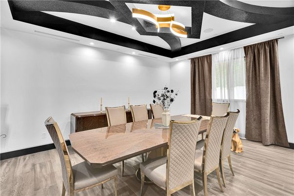 Dining room, Interior, Recessed Lighting, Wood Texture Flooring