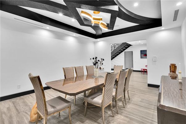 Dining room, Interior, Recessed Lighting, Wood Texture Flooring