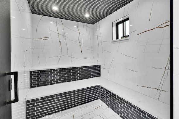 Bathroom, Glass Shower, Interior, Marble Walls, Recessed Lighting