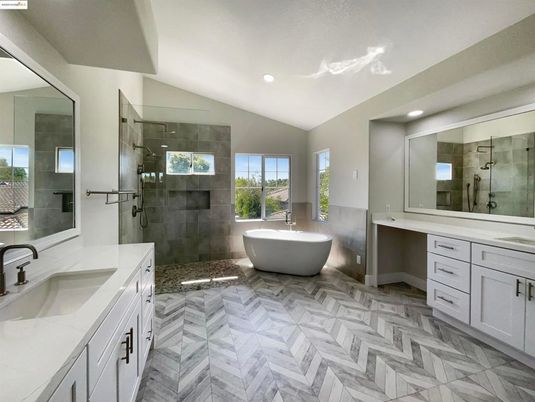 Bathroom, Dual Sink Vanities, Free Standing Baths, Glass Shower, Interior, Marble, Recessed Lighting