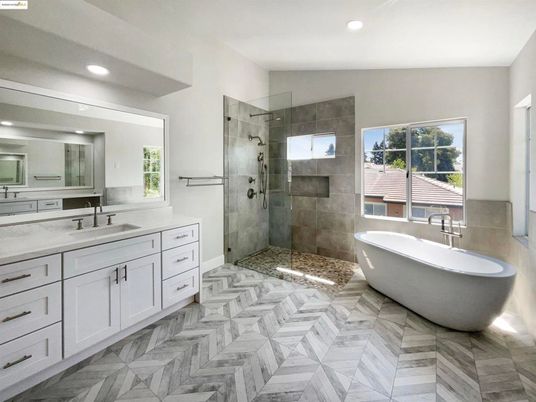 Bathroom, Dual Sink Vanities, Free Standing Baths, Glass Shower, Interior, Marble, Recessed Lighting