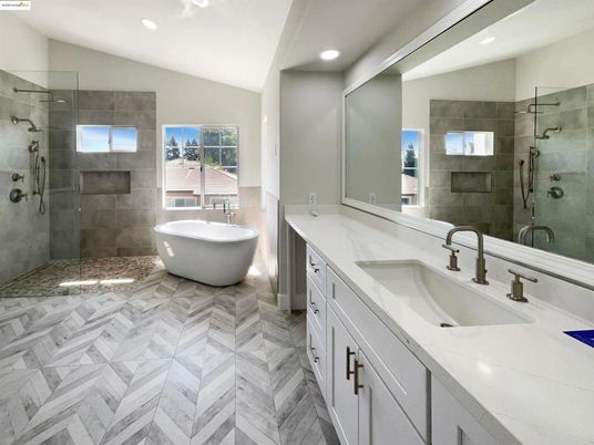 Bathroom, Dual Sink Vanities, Free Standing Baths, Glass Shower, Interior, Marble, Recessed Lighting
