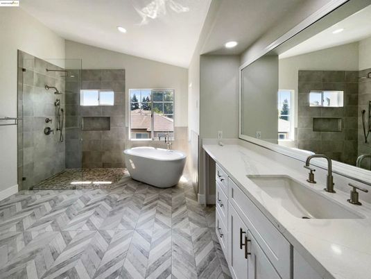 Bathroom, Dual Sink Vanities, Free Standing Baths, Glass Shower, Interior, Marble, Recessed Lighting