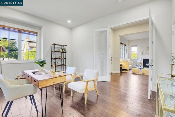 Fireplace, Home Office, Interior, Recessed Lighting, Wood Texture Flooring