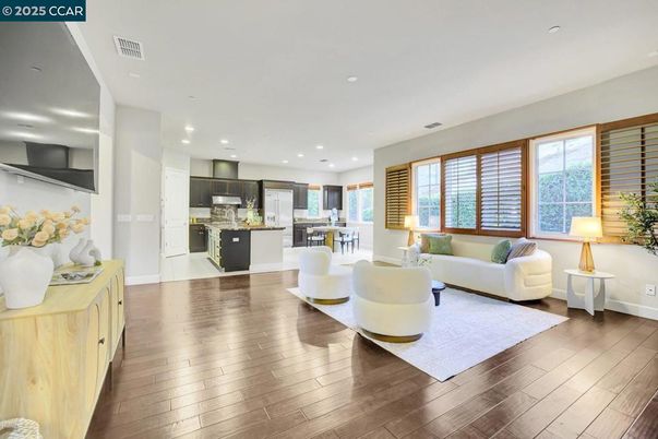 Dining room, Interior, Kitchen, Living room, Recessed Lighting, Stainless Steel Appliances, Wood Texture Flooring