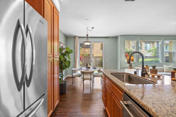 Dining room, Interior, Kitchen, Pendant Lights, Stainless Steel Appliances, Wood Texture Flooring
