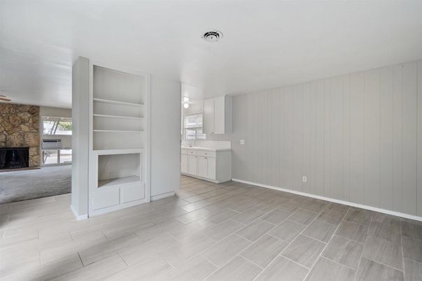 Empty room, Fireplace, Interior, Stone Walls, Wood Texture Flooring