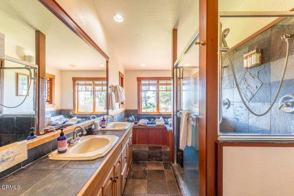 Bathroom, Dual Sink Vanities, Glass Shower, Interior, Recessed Lighting, Tile Countertops