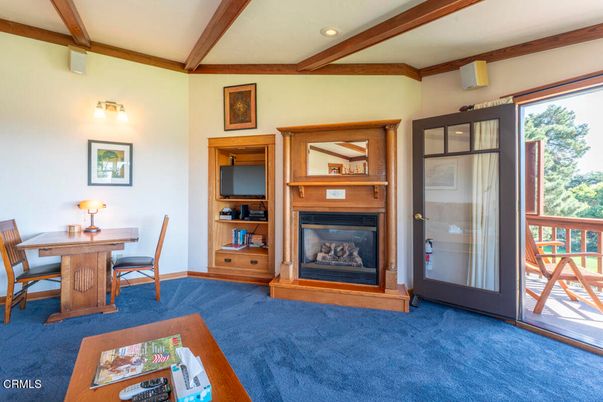 Fireplace, Home Office, Interior, Recessed Lighting, Wooden Beams