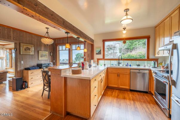 Interior, Kitchen, Pendant Lights, Stainless Steel Appliances, Wooden Beams, Wood Texture Flooring