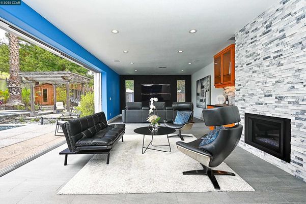 Fireplace, Interior, Living room, Recessed Lighting, Stone Walls