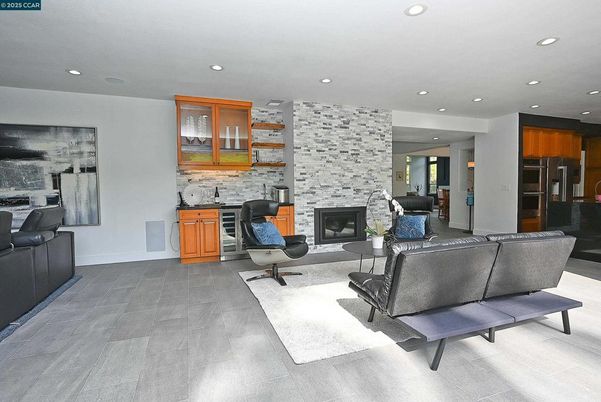 Fireplace, Interior, Living room, Recessed Lighting, Stone Walls