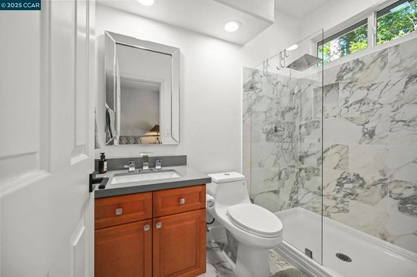 Bathroom, Glass Shower, Interior, Marble, Marble Walls, Recessed Lighting