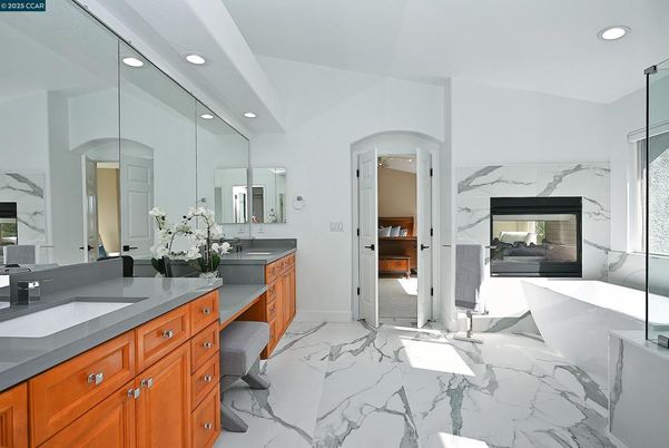 Bathroom, Dual Sink Vanities, Fireplace, Interior, Marble, Recessed Lighting