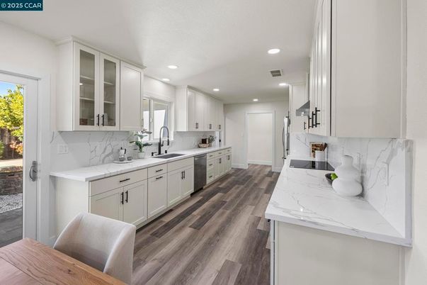 Interior, Kitchen, Recessed Lighting, Stainless Steel Appliances, Wood Texture Flooring