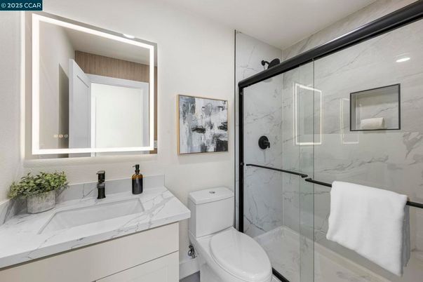 Bathroom, Glass Shower, Interior, Marble Walls, Recessed Lighting