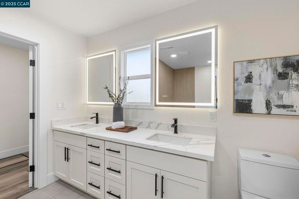 Bathroom, Dual Sink Vanities, Interior, Recessed Lighting, Wood Texture Flooring
