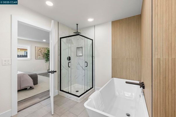 Bathroom, Free Standing Baths, Glass Shower, Interior, Marble Walls, Recessed Lighting