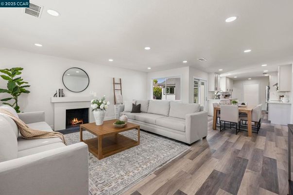 Dining room, Fireplace, Interior, Kitchen, Living room, Recessed Lighting, Wood Texture Flooring