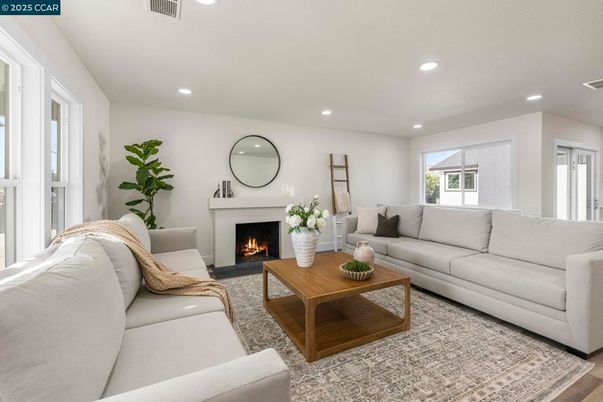 Fireplace, Interior, Living room, Recessed Lighting, Wood Texture Flooring