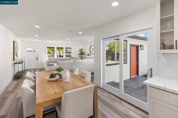 Dining room, Interior, Living room, Recessed Lighting, Wood Texture Flooring