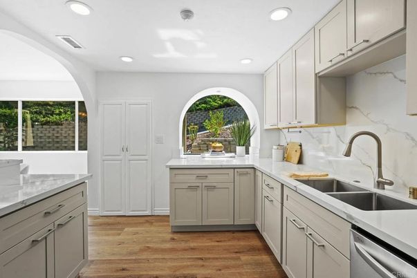 Interior, Kitchen, Marble Walls, Recessed Lighting, Wood Texture Flooring
