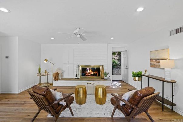 Fireplace, Interior, Living room, Recessed Lighting, Wood Texture Flooring